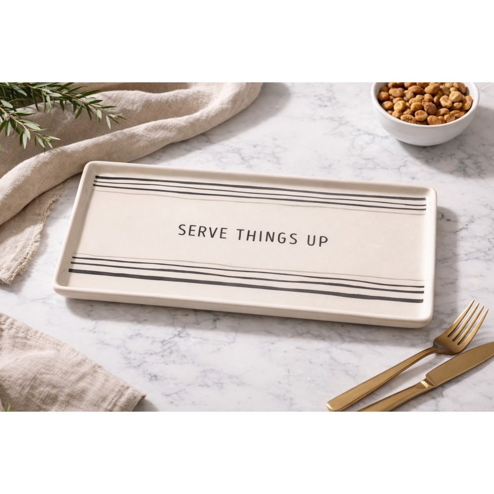 Demdaco Serve Things Up Ceramic Platter‎ Cream Striped Rectangular Tray 10.5in